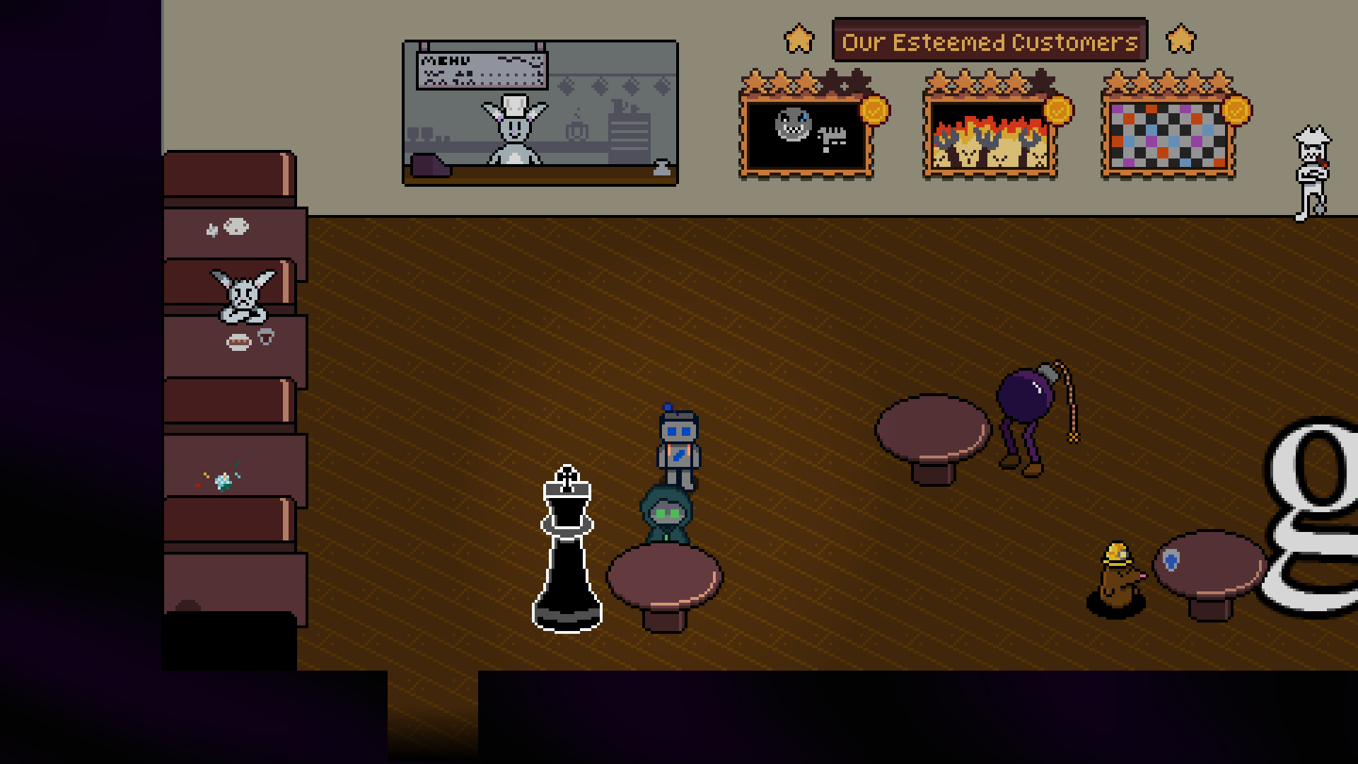 Relaxing in a dimly-lit cafe.