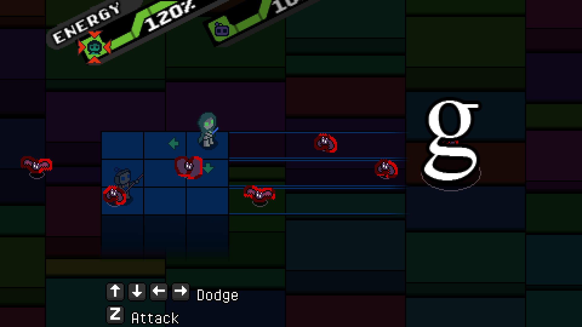 Two party members are fighting a large letter g, while dodging a swarm of bats