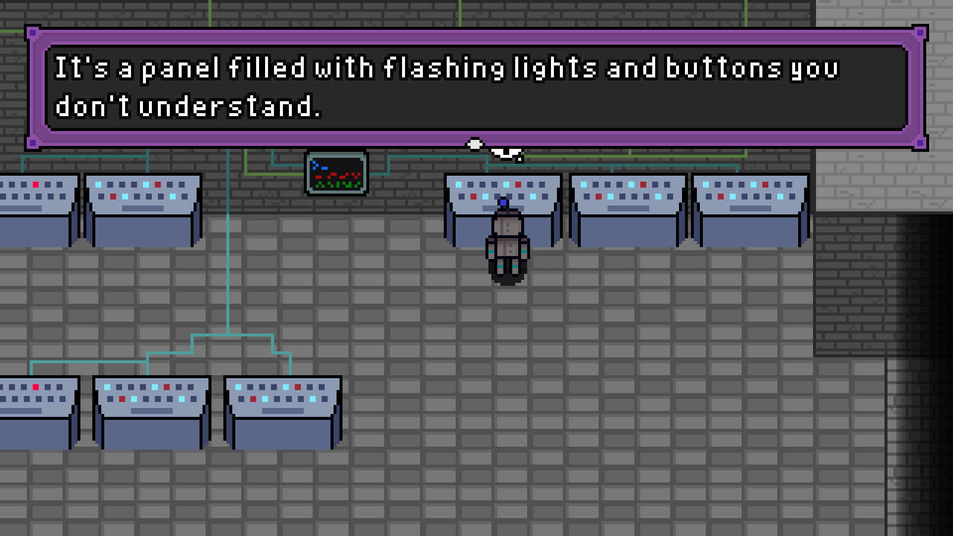 A screenshot of Vanadius. The player is inspecting a panel filled with flashing lights and confusing buttons.
