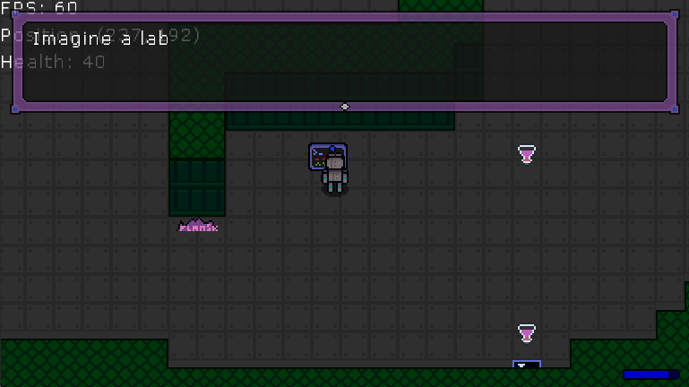 A test room in Vanadius Godot. The player is reading a sign that says 'Imagine a lab'. Several flasks are placed throughout the room.