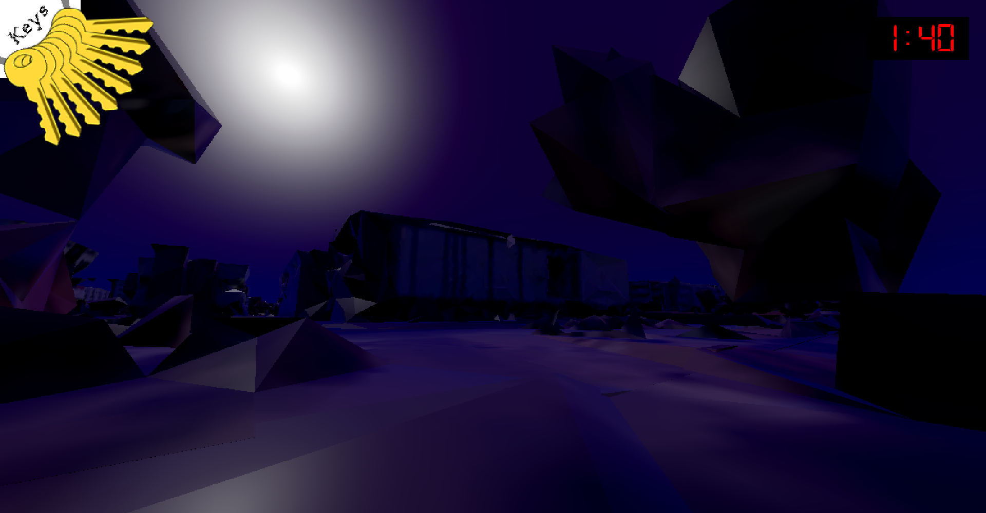 Overlooking a low poly campus. It is 1:40AM and the player has several keys.