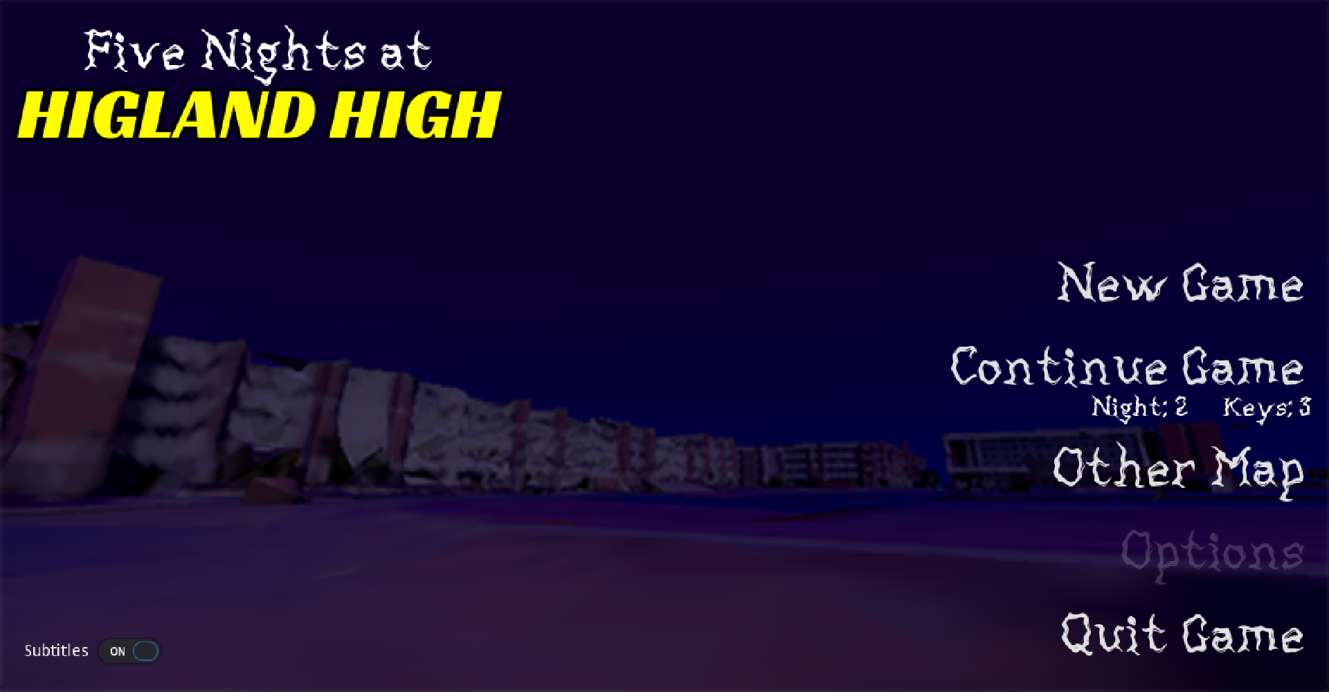 A title screen. The options are to Play, Continue, Alternate Map, and Quit. In the background is a low-poly building